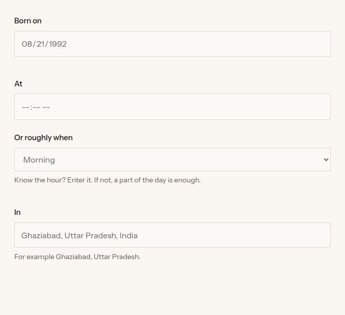 A screenshot of the birth form with fictional details: 21 August 1992, morning, Ghaziabad, Uttar Pradesh, India.